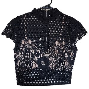 FOREVER 21 Women's Black Holes & Lace Overlay Crop Top + Cream Bralette Small